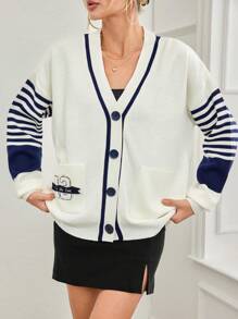 EURMUSE 女式學院風條紋袖開衫 - 米色 - 查看 3