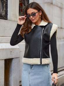 SHEIN Cottnline Teddy Lined Zip Up Vest Jacket - Black - View 6