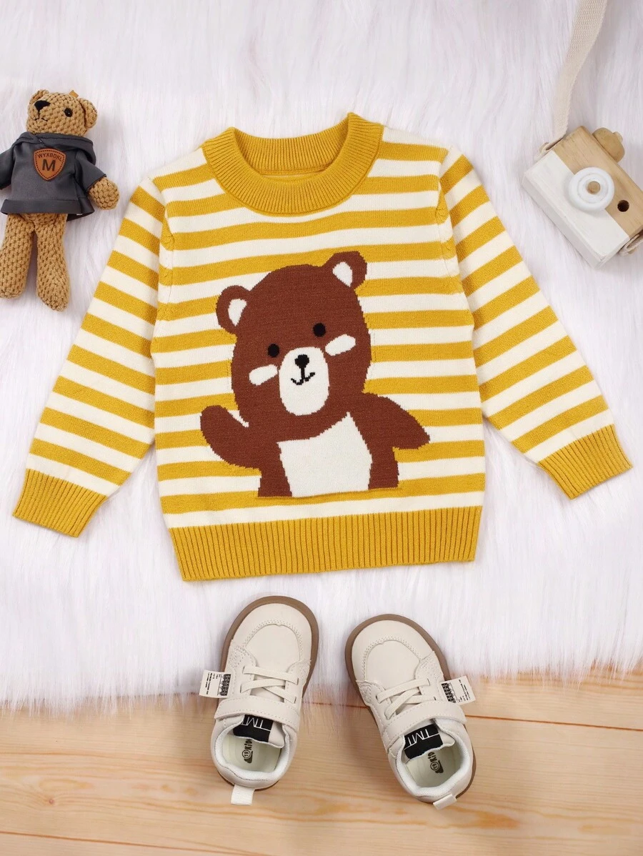 Baby Boys' Bear Pattern Striped Pull-over Sweater - Yellow - View 1