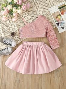 SHEIN Young Girl Birthday Party Outfit: Pink Beaded Cold-Shoulder Top & Fluffy Skirt - Pink - View 1
