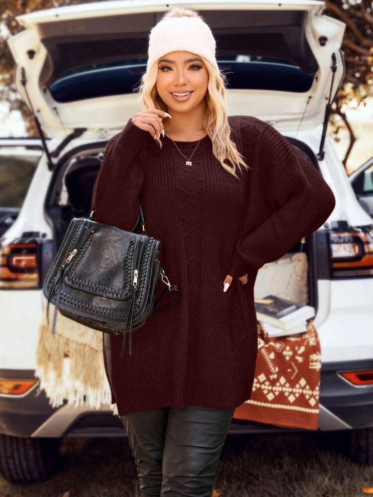 Plus Size Solid Color Asymmetric Side Slit Drop Shoulder Sweater, Winter Knit Pullover Fall Autumn