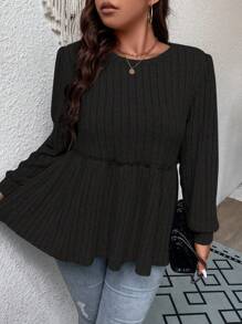 Flirla 大碼雜色針織荷葉邊下擺T恤 - 黑色 - 查看 6