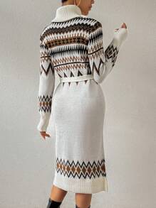 SHEIN Frenchy 女士千鳥格高領腰帶毛衣裙 - 白色 - 查看 2