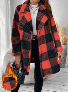 SHEIN Franclia Hơn In kẻ sọc Buffalo Cổ áo Flannel áo - Đỏ - Xem 1
