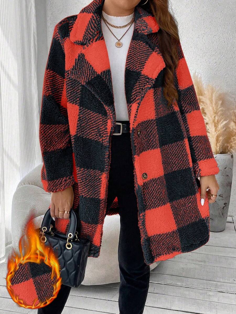 SHEIN Franclia Hơn In kẻ sọc Buffalo Cổ áo Flannel áo - Đỏ - Xem 1