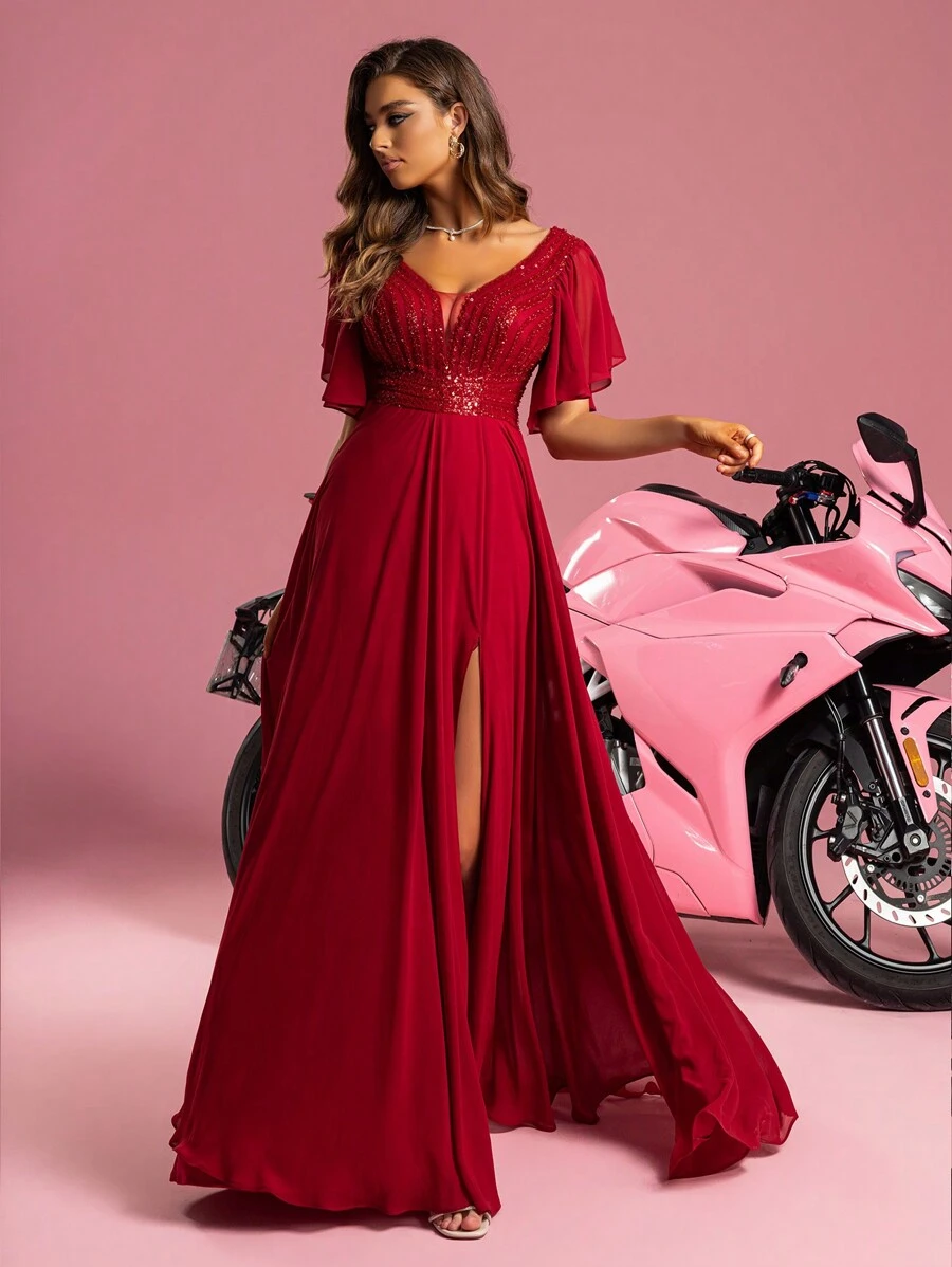 紅色 V 領荷葉邊袖閃光薄紗女式晚禮服長連身裙