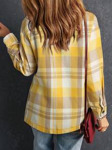 Women Long Sleeve Plaid Button Down Blouse Top - Yellow - View 2
