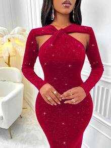 Long Velvet Hollow Out Dress - Red - View 6