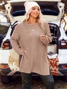 SHEIN LUNE Plus Size Solid Color Drop Shoulder Sweater With Side Slit, Pullover Knit Pullover Fall Winter Autumn Sweater - Pink - View 3