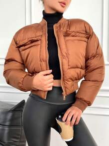 RueChic Women's Short Zip-up Baseball Collar Padded Jacket - Brown - View 6