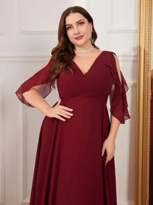 UNITHORSE Váy dạ hội tay bèo nhún cỡ lớn, váy phù dâu - Màu Đỏ Sâu - Xem 3