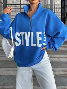 Cottnline Letter Graphic Half Zip Drop Shoulder Sweatshirt - Blue - View 5