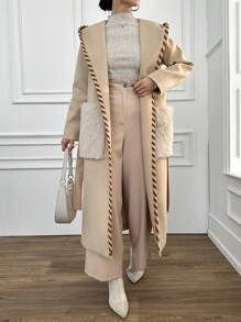 RueChic Plush Pocketed Big Lapel Woolen Coat - Khaki - View 5