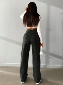 Women's Loose Fit Denim Straight Leg Jeans In Solid Color - Black - View 2