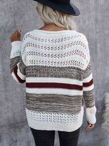 EURMUSE Dropped Shoulder Striped Sweater - Maroon - View 2