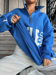 Cottnline Letter Graphic Half Zip Drop Shoulder Sweatshirt - Blue - View 3