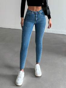 Solid Ripped Skinny Jeans - Medium Wash - View 4