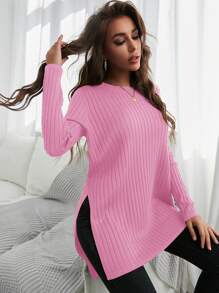 SHEIN Cottnline Front Short, Back Long, Split-hem Sweater - Pink - View 3