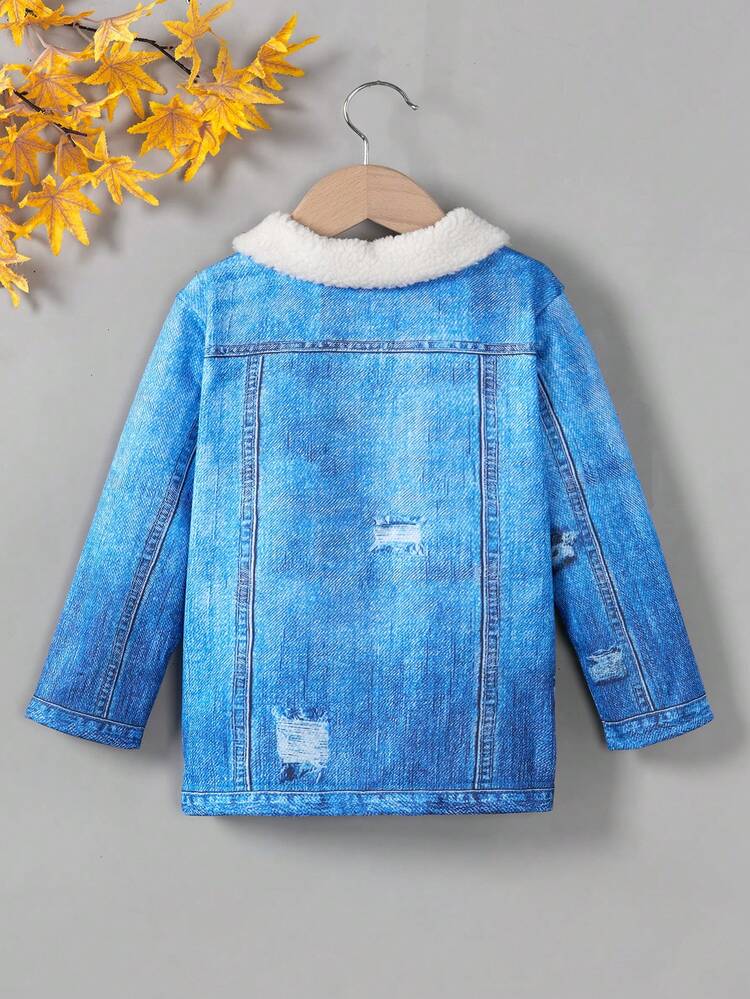 Young Girls' Denim Effect Button-Front Coat With Plush Collar & Stand Collar T-Shirt Set