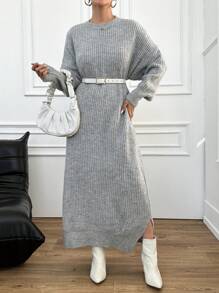 EURMUSE Women's Drop Shoulder Drop Shoulder Slit Knit Sweater Dress - Light Grey - View 5