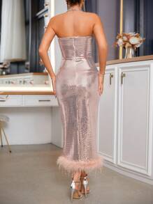 RueChic Vestido De Mujer Elegante Con Brillo Y Cuerpo Ajustado Sin Tirantes Con Dobladillo De Piel Suave