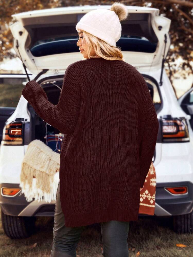 Plus Size Solid Color Asymmetric Side Slit Drop Shoulder Sweater, Winter Knit Pullover Fall Autumn