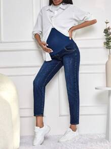 SHEIN Cottnline بنطلون جينز مدبب قابل للتعديل شريط خصر واسع للأمومة - أزرق داكن - مشاهدة 6