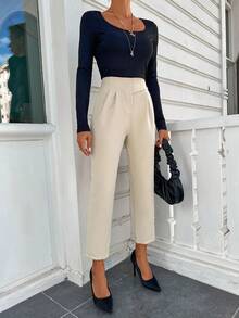 EURMUSE 時尚米色彈性高腰錐形西裝長褲 - 米色 - 查看 3