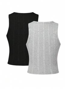 SHEIN LUNE 女士2入組肋紋背心 - 彩色 - 查看 2