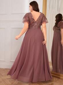 UNITHORSE Plus Size Women Heavy Embroidery Chiffon Formal Dress, Bridesmaid Dress - 淺灰紫 - 查看 2