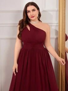 Plus Size Asymmetrical Neck Chiffon Dress With Flowing Sleeves, Bridesmaid Dress, Bride Dress, Birthday Women Outfits, Graduation Dress, Formal Dress - Burgundy - View 5
