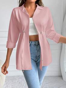 SHEIN Cottnline Drawstring Waist Rolled Up Sleeve Jacket - Dusty Pink - View 5