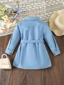 SHEIN 年輕女孩時尚鈕扣前衣裙，配腰帶 - 藍色 - 查看 2