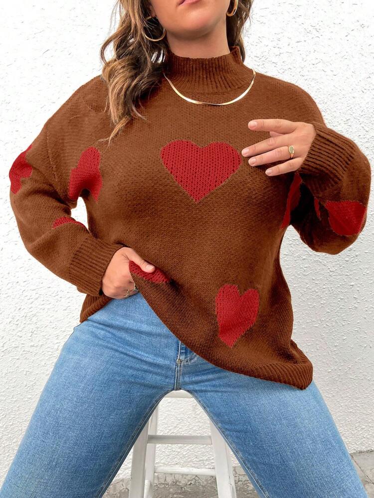 Plus Size High Neck Sweater With Heart Pattern Knit Pullover Fall Winter