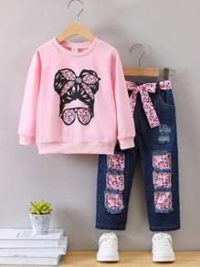 SHEIN 小女孩使命印花圓領運動衫和心型印花褲子 - 粉色 - 查看 1
