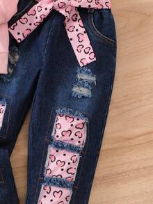 SHEIN 小女孩使命印花圓領運動衫和心型印花褲子 - 粉色 - 查看 4