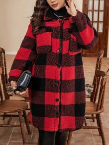 SHEIN Franclia 加大尺碼水牛格紋印花下垂肩外套 - 紅色 - 查看 4