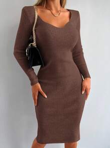 EURMUSE Sweetheart Neck Ribbed Knit Sweater Dress - Coffee Brown - View 1