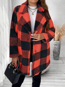 SHEIN Franclia Hơn In kẻ sọc Buffalo Cổ áo Flannel áo - Đỏ - Xem 5