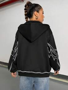 SHEIN Unity Graphic Print Drop Shoulder Zip Up Hoodie - Black - View 2
