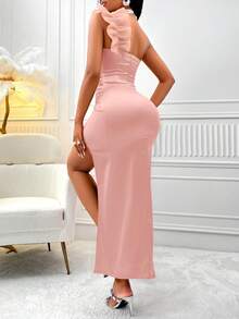 AIJ Amarilo Women Fall Solid Color Ruffled Pleated One Shoulder High Slit Satin Dress For Party And Banquet - Pink - View 2