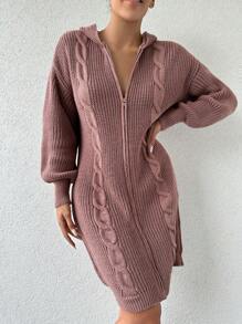 EURMUSE 鑲邊針織拉鍊前連身衣裙 - 粉色 - 查看 3