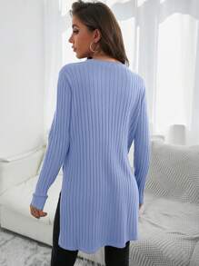 RueChic Asymmetric Hemline Sweater With High-low Hem And Side Slits - Baby Blue - View 2