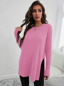 SHEIN Cottnline Front Short, Back Long, Split-hem Sweater - Pink - View 4