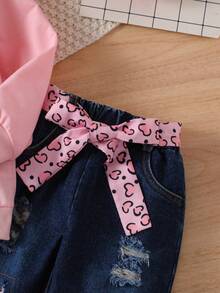 SHEIN 小女孩使命印花圓領運動衫和心型印花褲子 - 粉色 - 查看 7