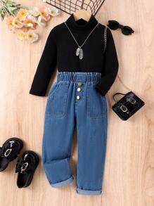 SHEIN Young Girl Vintage, Cute, Street Style, Fashionable, High-Neck, Long Sleeve Pullover T-Shirt And Denim Pants Set For Autumn/Winter - Black - View 1
