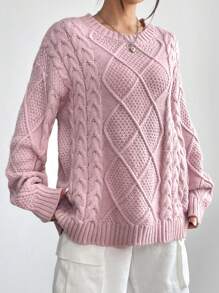 SHEIN Qutie Cable Knit Drop Shoulder Sweater - Pink - View 6