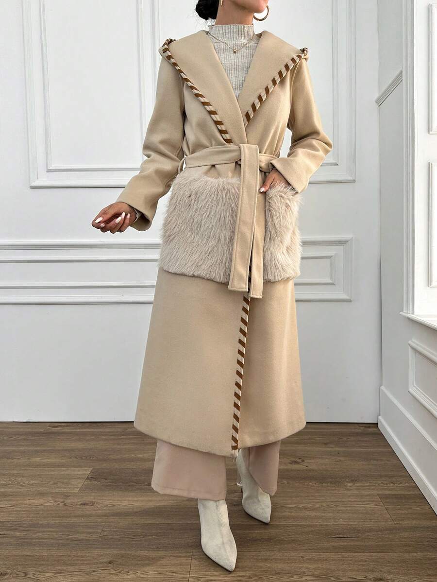 RueChic Plush Pocketed Big Lapel Woolen Coat - Khaki - View 1