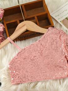 SHEIN Young Girl Birthday Party Outfit: Pink Beaded Cold-Shoulder Top & Fluffy Skirt - Pink - View 3