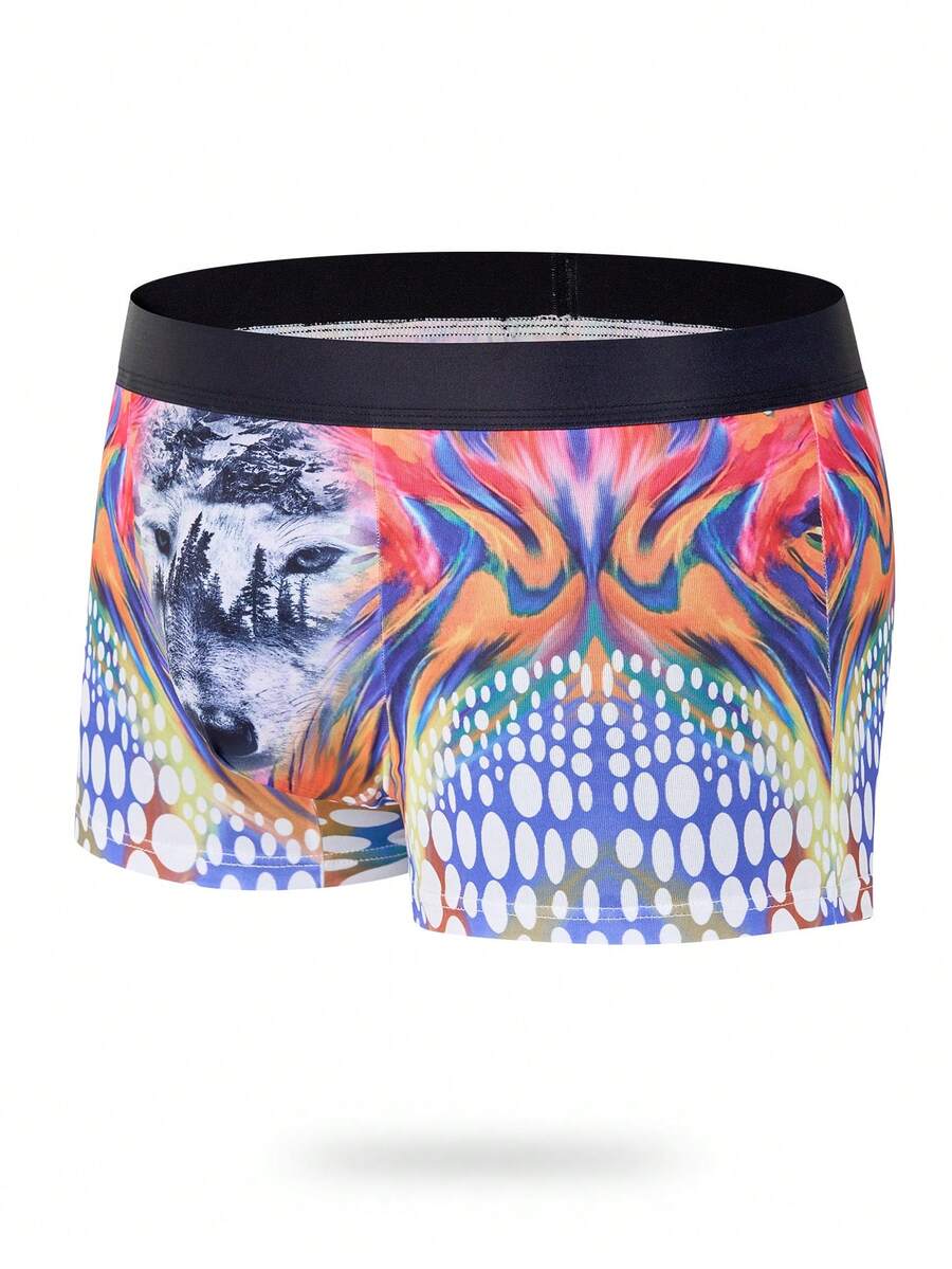 سروال داخلي بوكسر جغرافي & طباعة الذئب للرجال - متعدد الألوان - مشاهدة 1